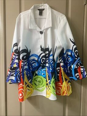 Ali miles White Jacket with Multicolor Abstract Floral Brushstrokes